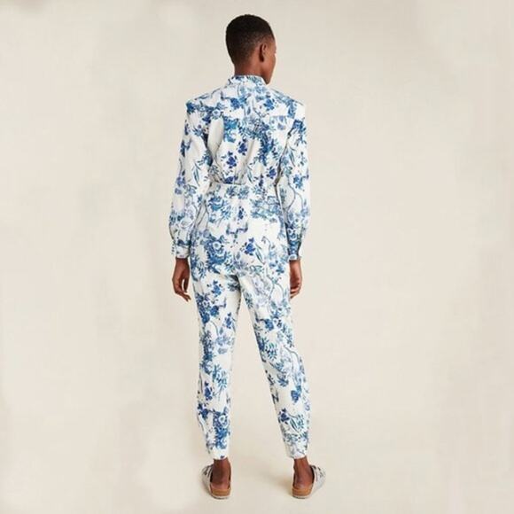 ANTHROPOLOGIE NWT Blue and White Floral Belted Jumpsuit Romper – Size 12 Large - Picture 10 of 13